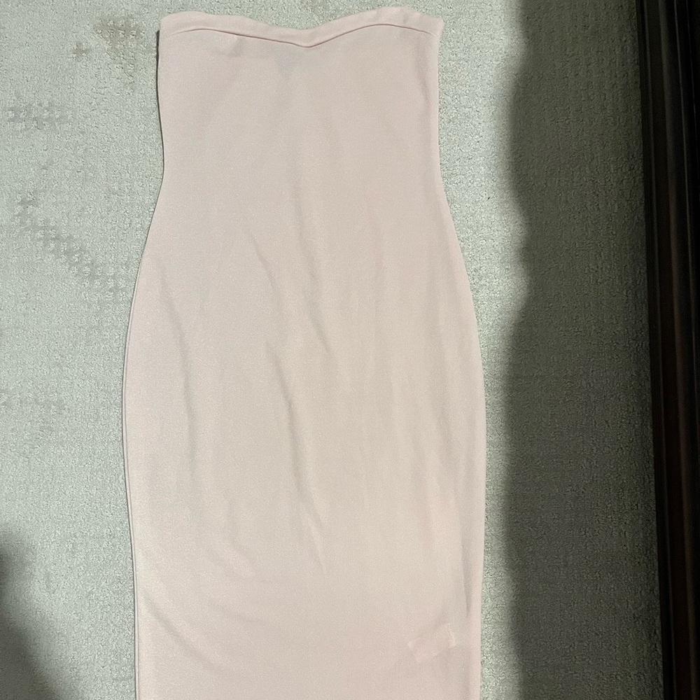 Pink blush midi dress with long/maxi cardigan by boohoo.